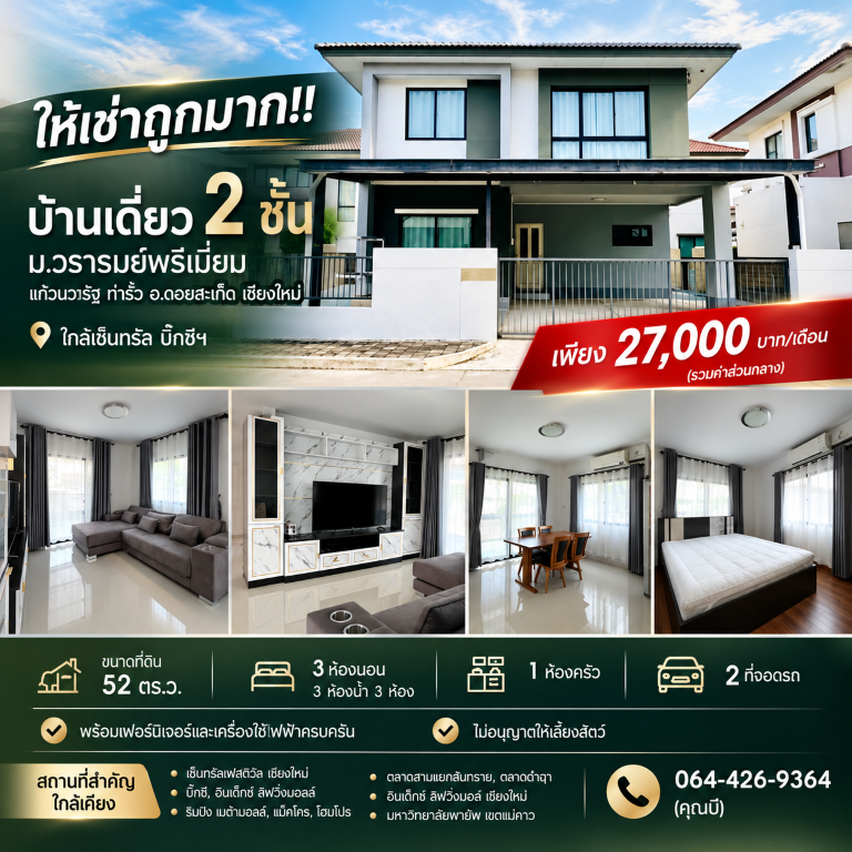 ให้เช่าถูกมาก!! บ้านเดี่ยว 2 ชั้น ม.วรารมย์พรีเมี่ยม แก้วนวรัฐ ท่ารั้ว อ.ดอยสะเก็ด เชียงใหม่ ใกล้เซ็นทรัล  บิ๊กซีฯ